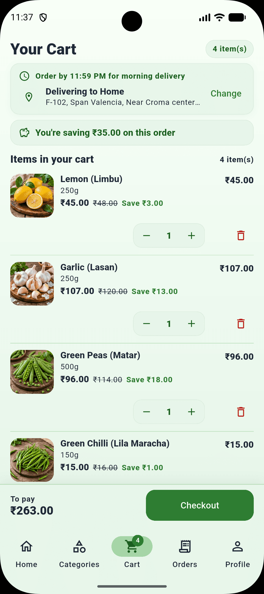 DailyVeg shopping cart with item pack quantities, verified savings of ₹35, and scheduled morning delivery