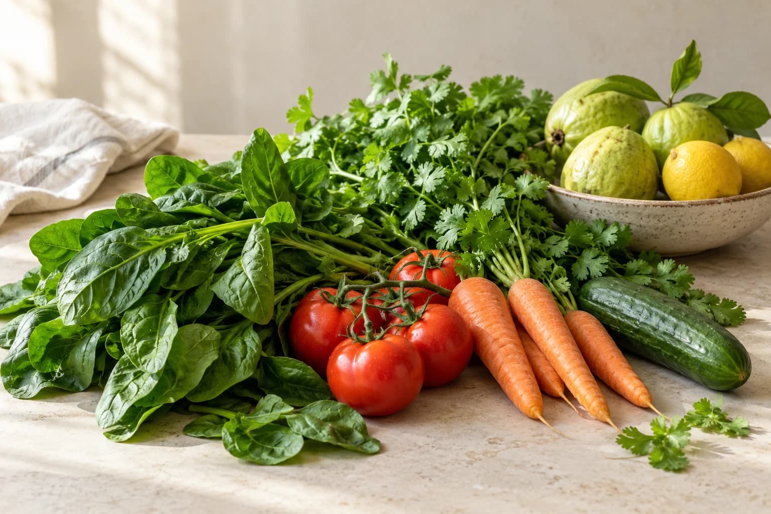 A natural assortment of fresh vegetables, leafy greens, lemons and fruit on a sunlit kitchen table
